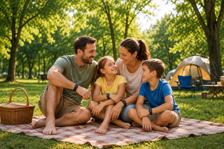 Família usando a pulseira ao ar livre